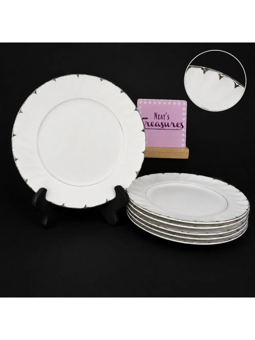 60's Harmony House China HEIRLOOM 3512 White Swirl Platinum Salad Plates Set 6